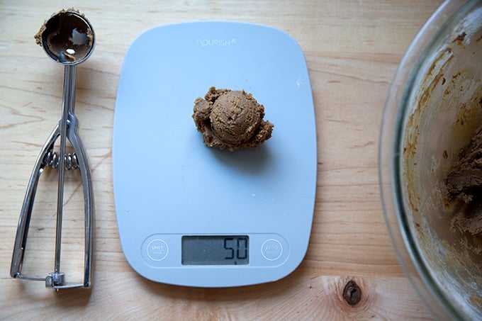 A scale with a 50-gram portion of molasses cookie dough on it.