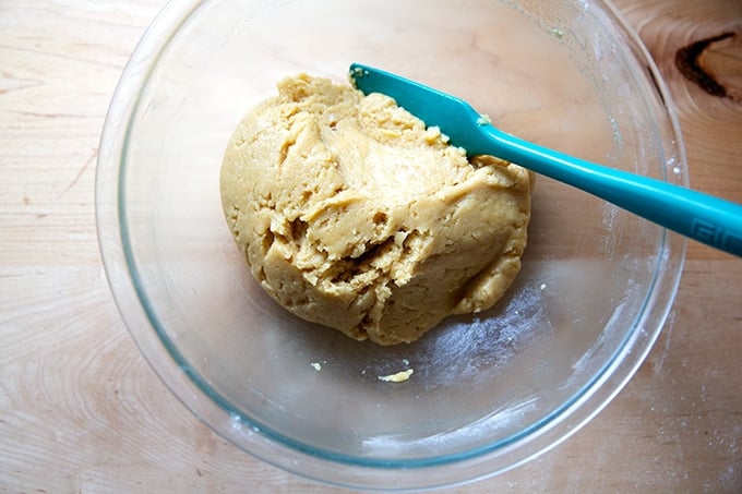 The dough to make snickerdoodles all mixed together.