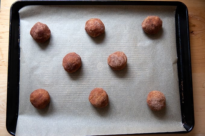 Unbaked brown butter snickerdoodles on a sheet pan.