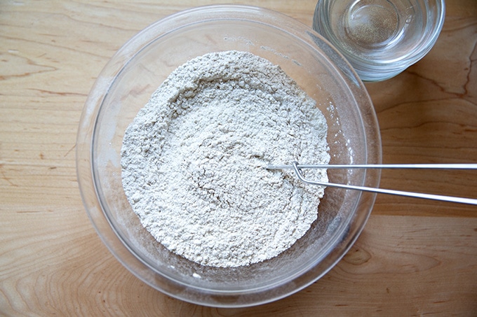 Dry ingredients to make molasses cookies, whisked together.