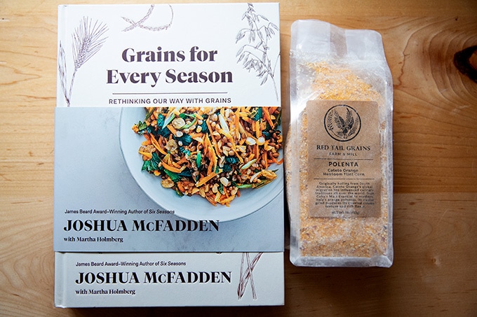 Grains for Every Season, a cookbook, on a countertop.