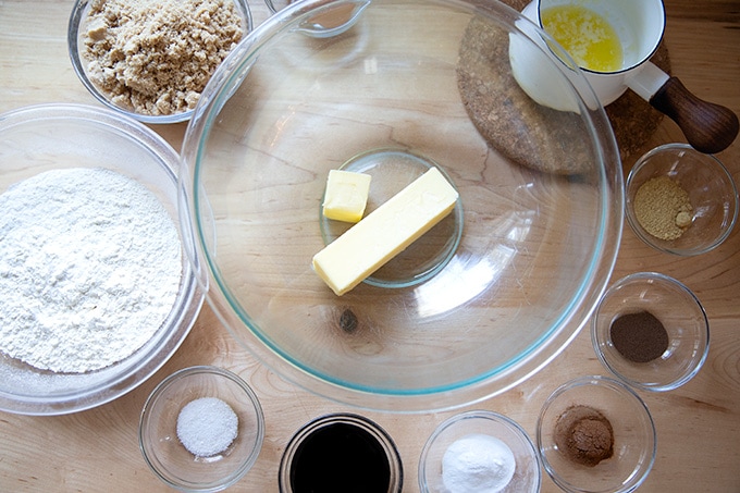 Ingredients to make soft and chewy molasses cookies.