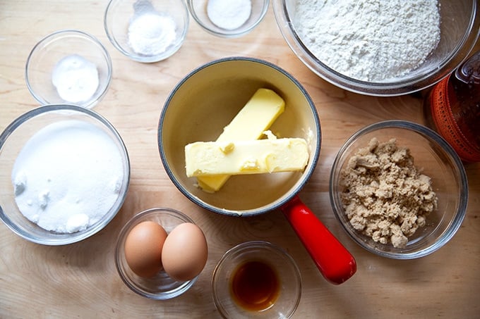 The ingredients to make brown butter snickerdoodles on a counter top.