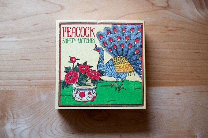 A box of Peacock matches.