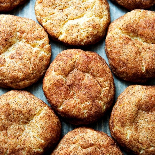 Just baked brown butter snickerdoodles on a sheet pan.