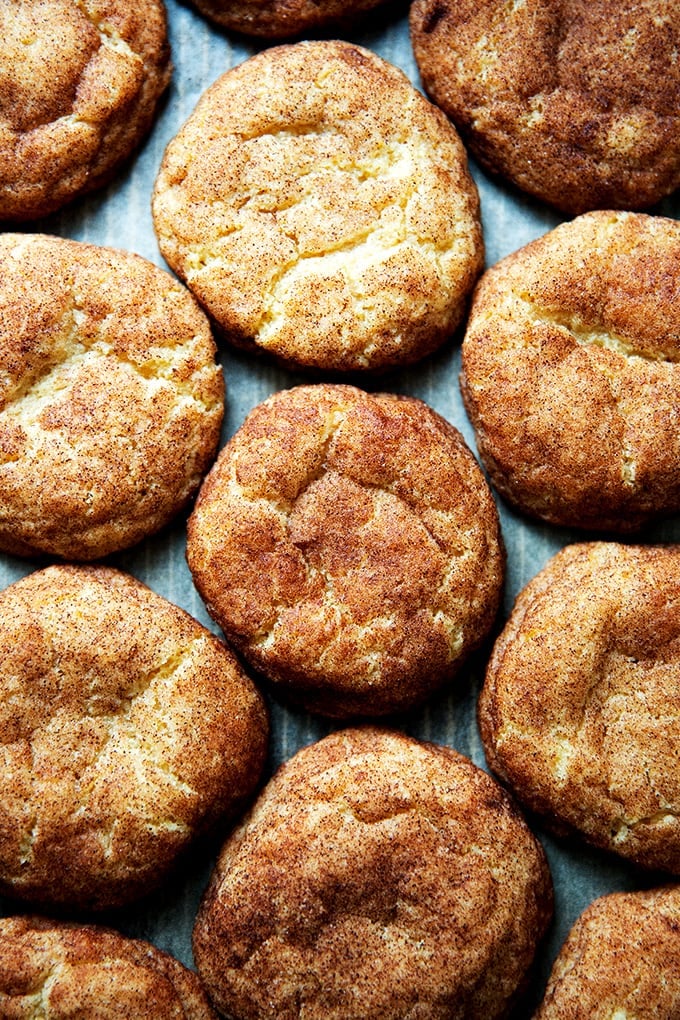 Just baked brown butter snickerdoodles on a sheet pan.