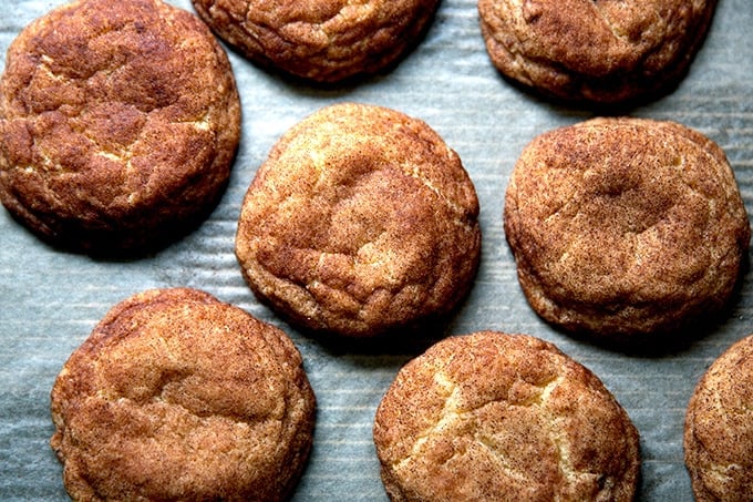 Just baked brown butter snickerdoodles on a sheet pan.