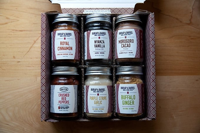 A box of Burlap and Barrel spices.