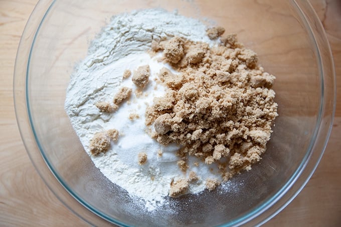 A bowl filled with the dry ingredients to make snickerdoodles.