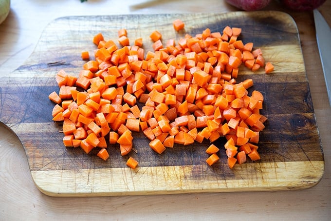 Diced carrots on a board.