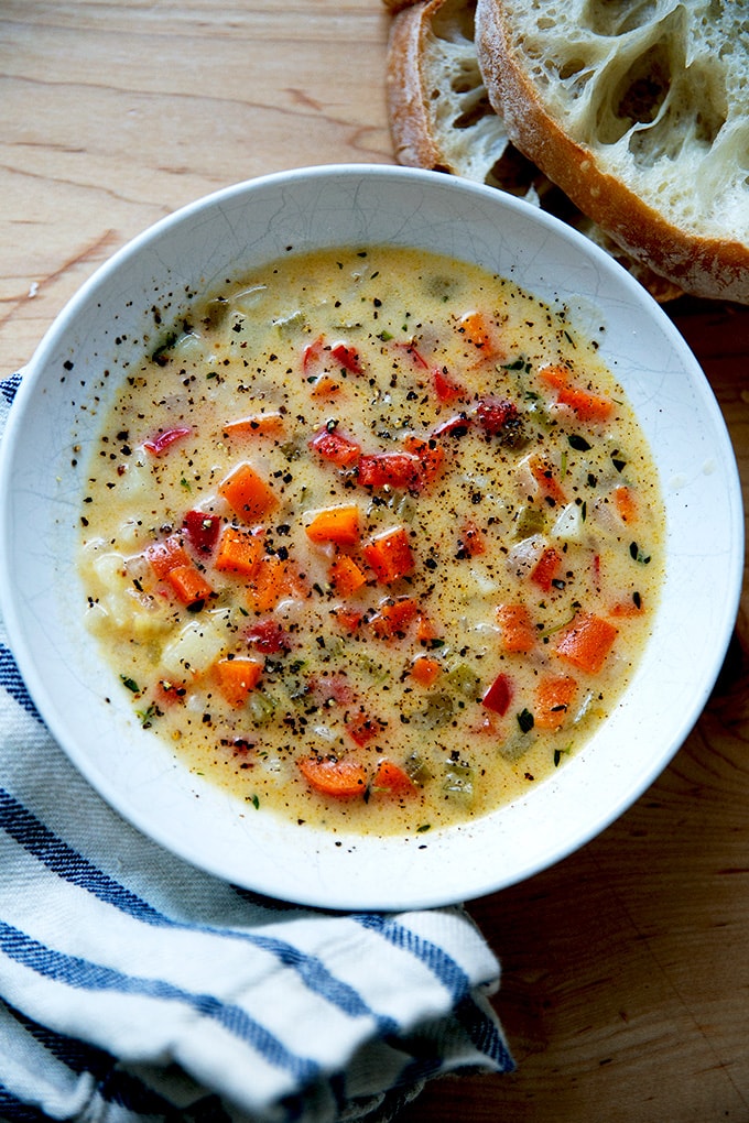 A bowl of Vermont Cheddar Cheese Soup.