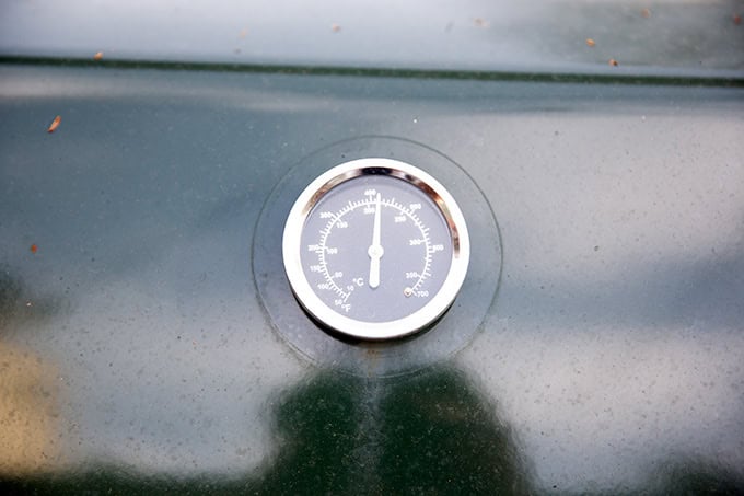 A grill thermometer registering over 400ºF.