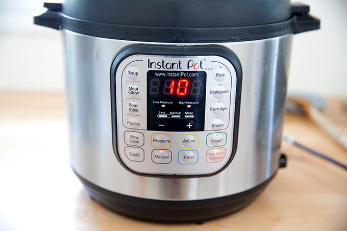 An Instant Pot set to 10 minutes high pressure.