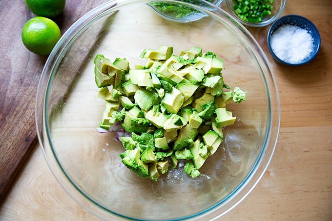Diced avocado in a large bowl.