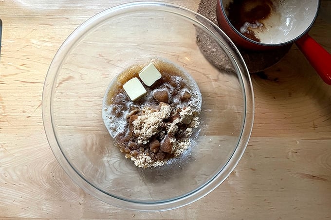 A bowl of brown sugar, brown butter and butter.