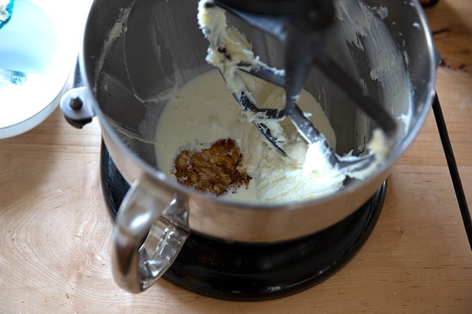 Heavy cream, cream cheese, and vanilla in a stand mixer.