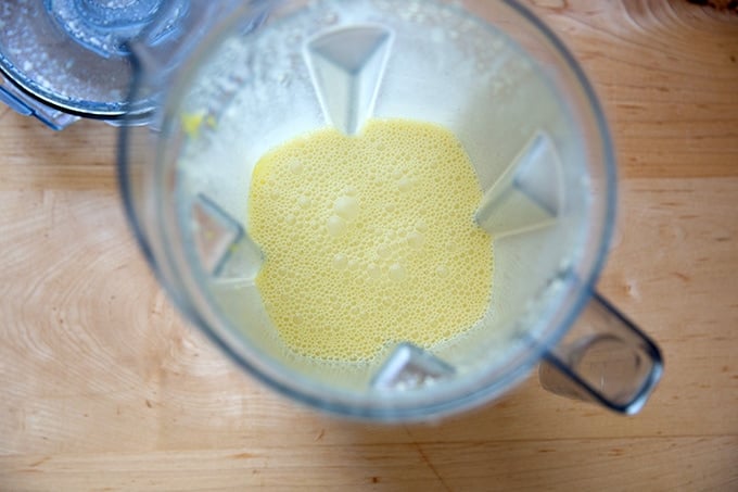 Batter for Blueberry Dutch baby, puréed in a blender.