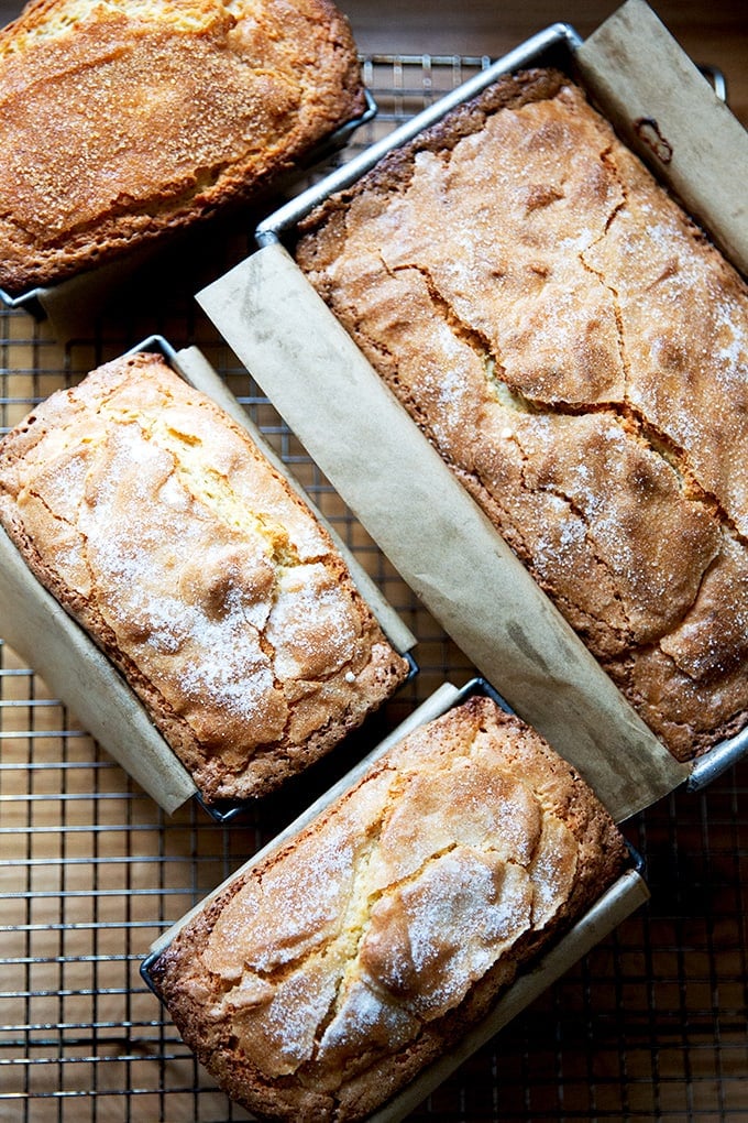 Four loaves of just baked pound cake on a cooling rack.