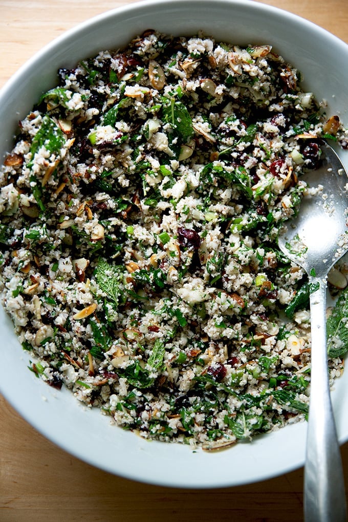 A bowl of cauliflower couscous salad.