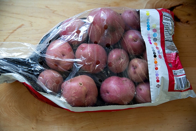 A sack of red potatoes.