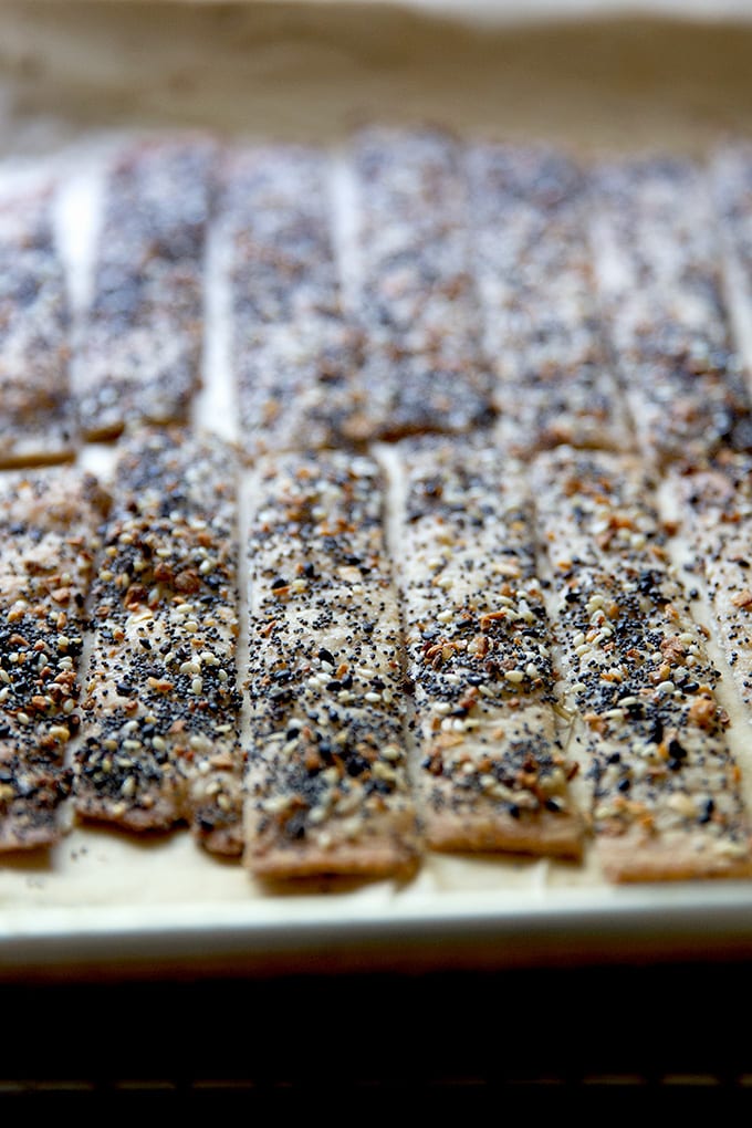 Just baked sourdough crackers on a sheet pan.