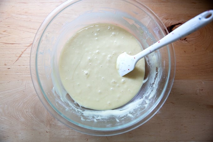 Just-mixed flag cake batter in a large bowl.