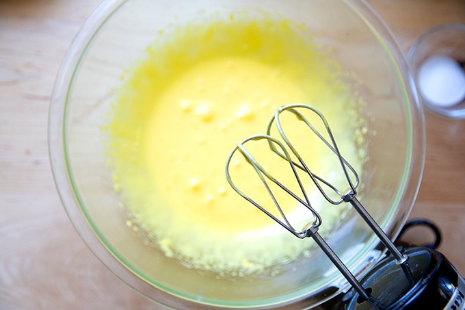 Beaten egg yolks for Torta Caprese.