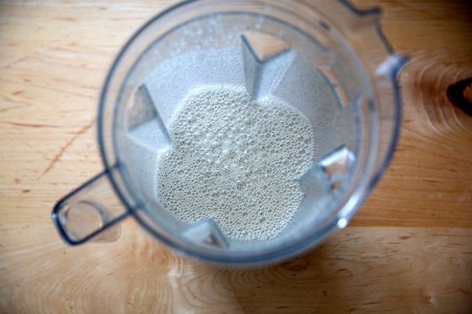 A blender holding buckwheat crepe batter.