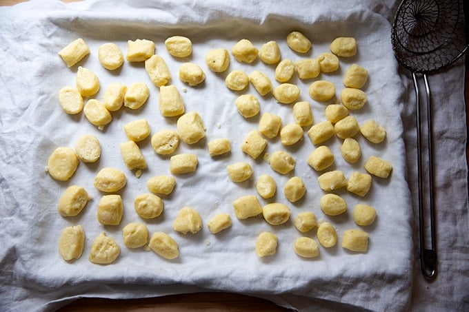 Ricotta gnocchi draining on a towel-lined pan.