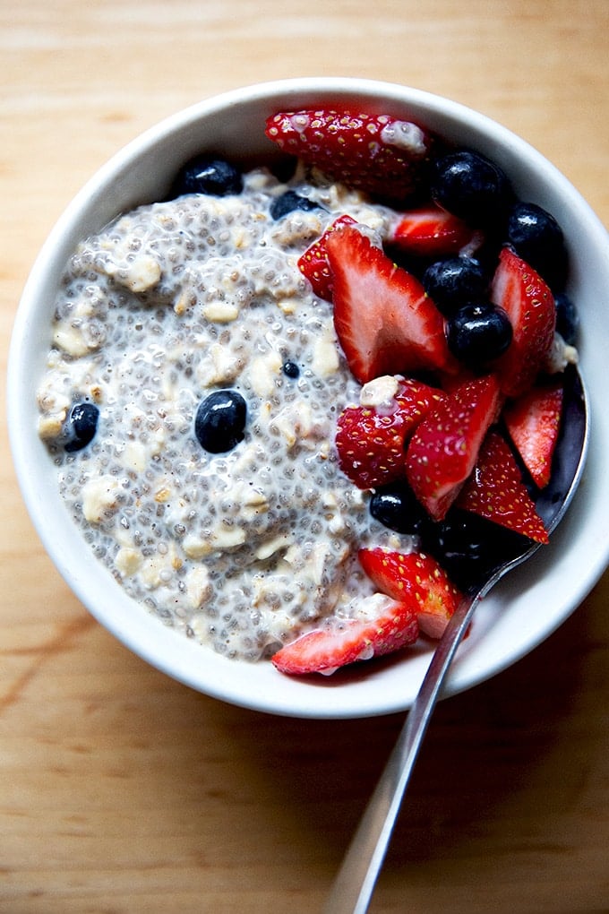 A bowl over overnight chia oats and berries.