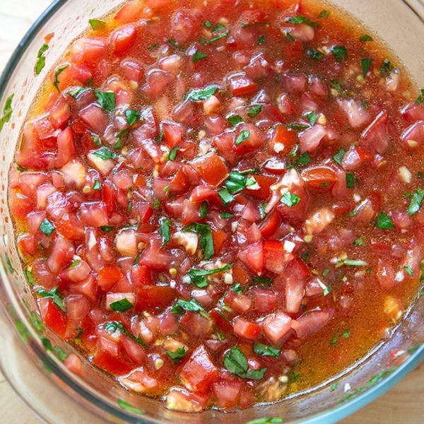 A bowl of homemade bruschetta sauce.