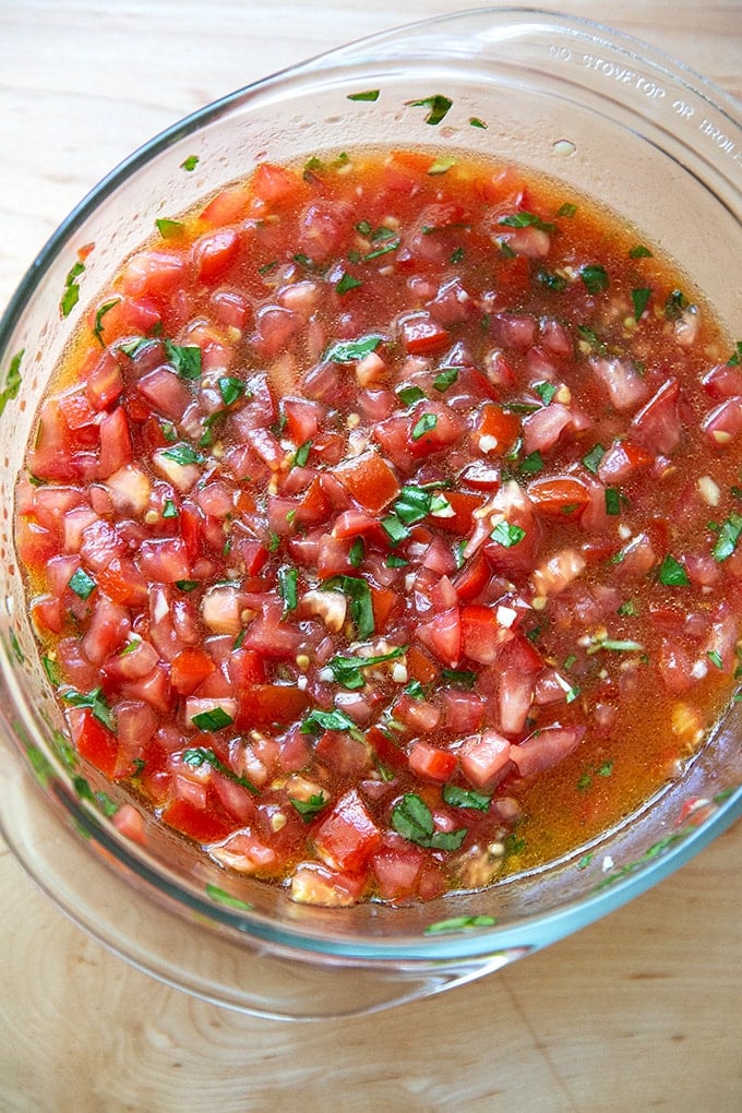 A bowl of homemade bruschetta sauce.