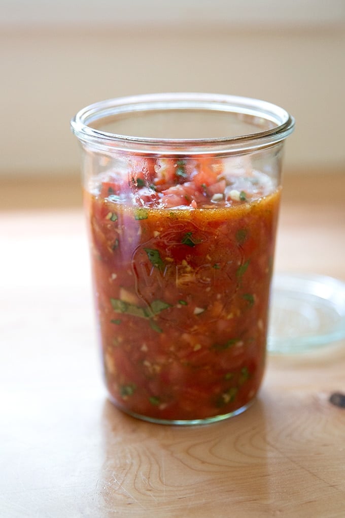 A jar of homemade bruschetta sauce.