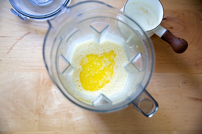 Butter added to the popover batter in a blender.