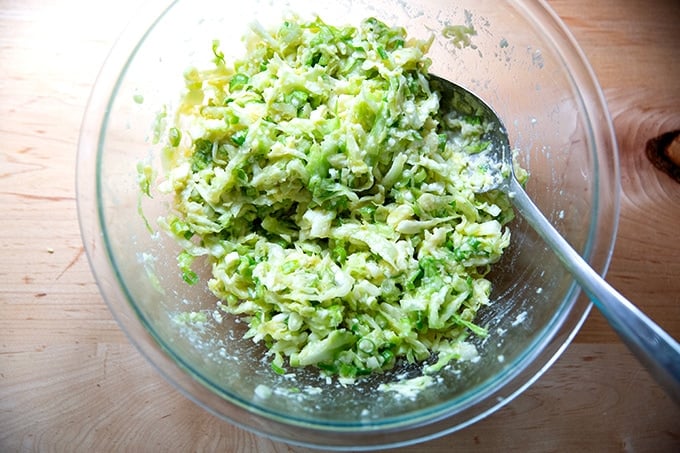 A bowl of cabbage tortilla batter, just mixed.