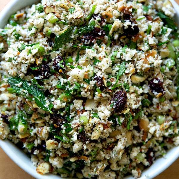 A bowl of cauliflower couscous salad.