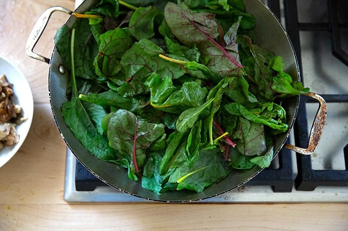 A skillet filled with Swiss chard.