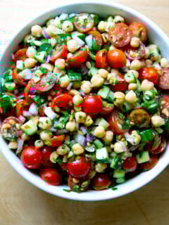 Lemony herby chickpea salad in a large bowl.
