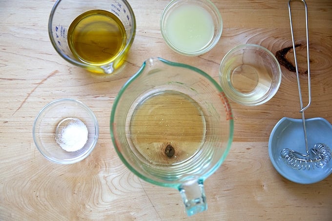 Apple cider vinaigrette ingredients measured.