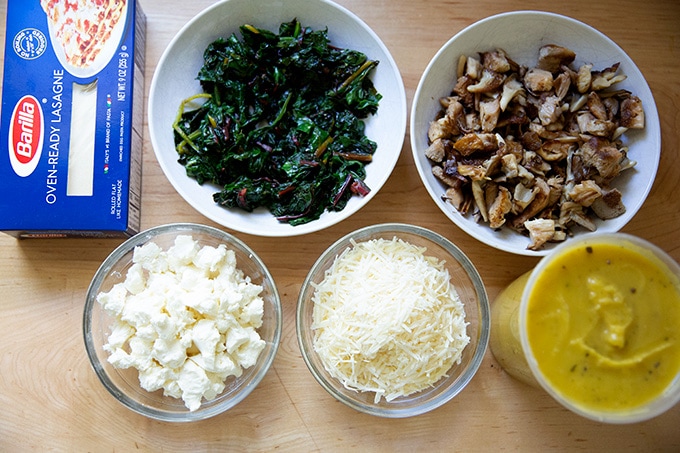 The components for making a vegetarian lasagna.