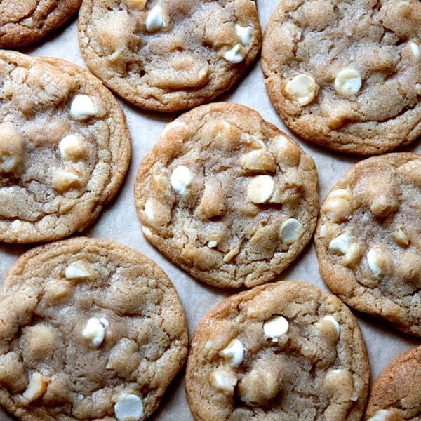 Just-baked white chocolate macadamia nut cookies.