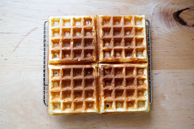 Sourdough discard waffles on a cooling rack.