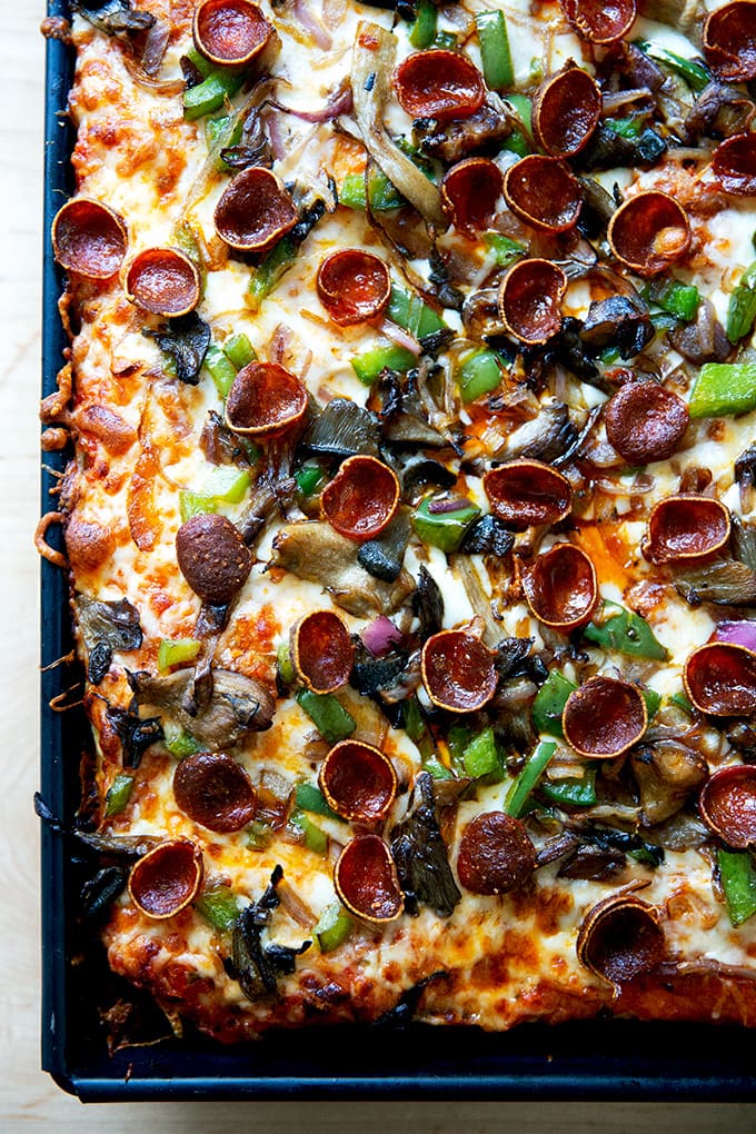 Just-baked Sicilian-style pizza still in the pan.