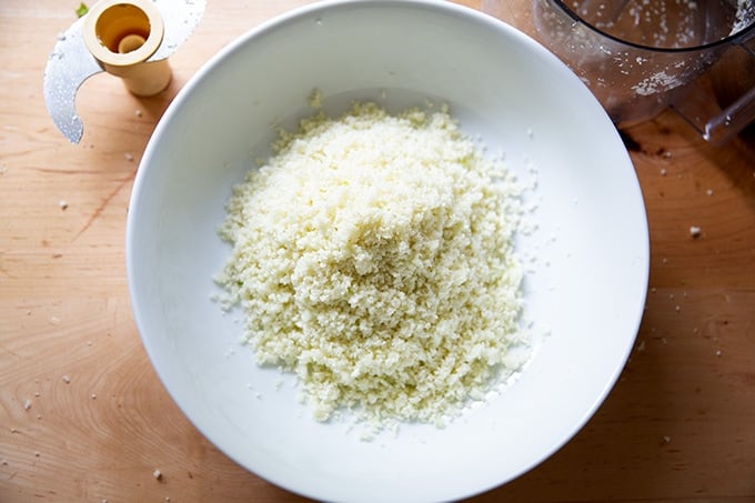 A bowl of cauliflower couscous.