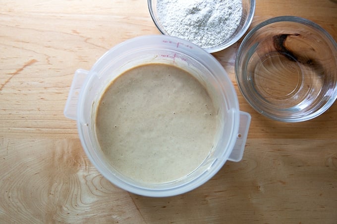 A two-quart container holding sourdough starter aside a bowl of flour and water.