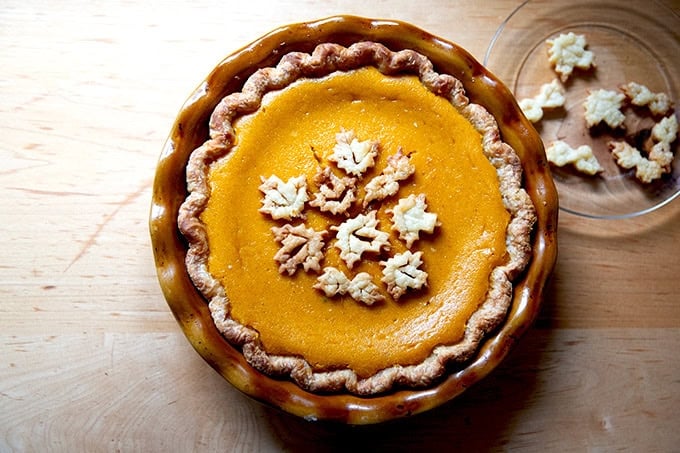 A butternut squash pie decorated with pie crust cookies.