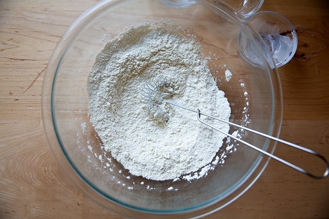 The dry ingredients for the orange and olive oil cake whisked together.