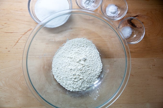 Dry ingredients to make a flag cake.