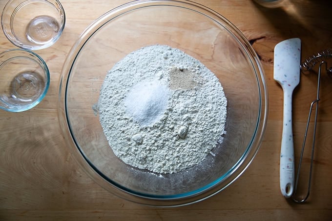 Dry ingredients to make baguettes in a large bowl.