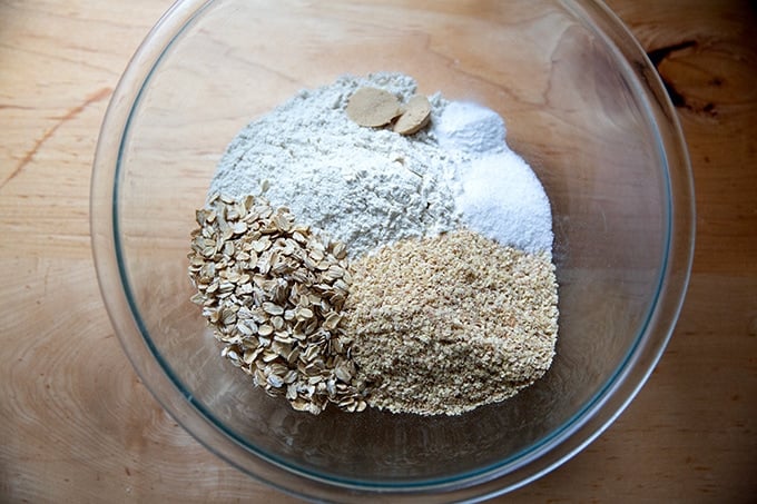 Dry ingredients in a bowl for Irish brown bread.